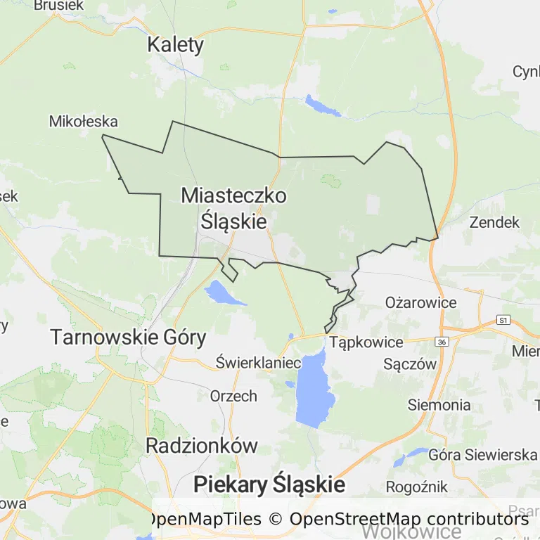 Mapa z zaznaczonym Miasteczku Śląskim