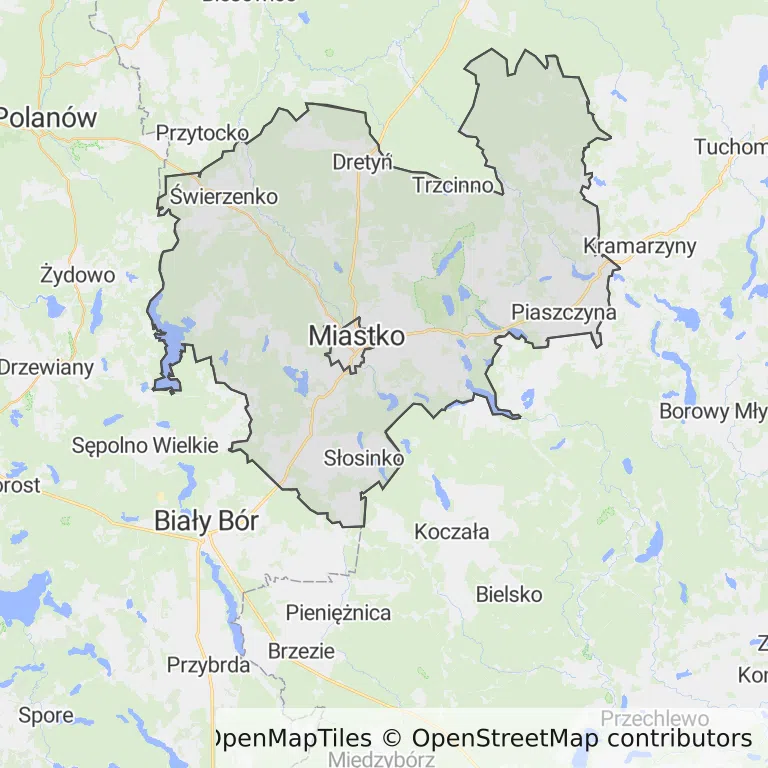 Mapa z zaznaczonym Miastkiem