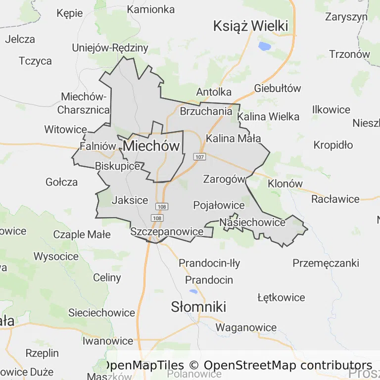 Mapa z zaznaczonym Miechowem