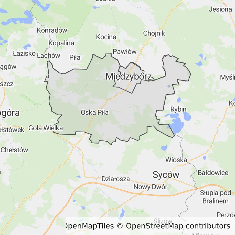 Mapa z zaznaczonym Międzyborzem