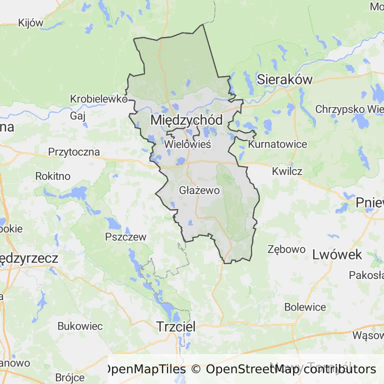 Mapa z zaznaczonym Międzychodzem
