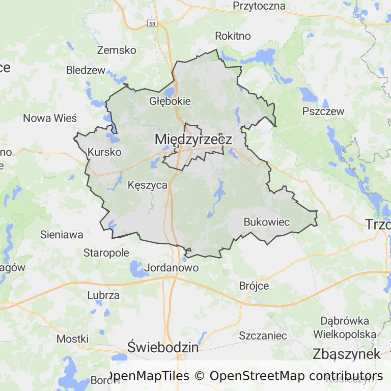 Mapa z zaznaczonym Międzyrzeczem