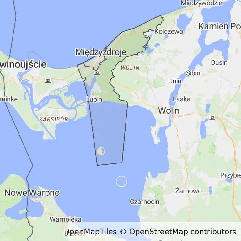 Mapa z zaznaczonym Międzyzdrojami