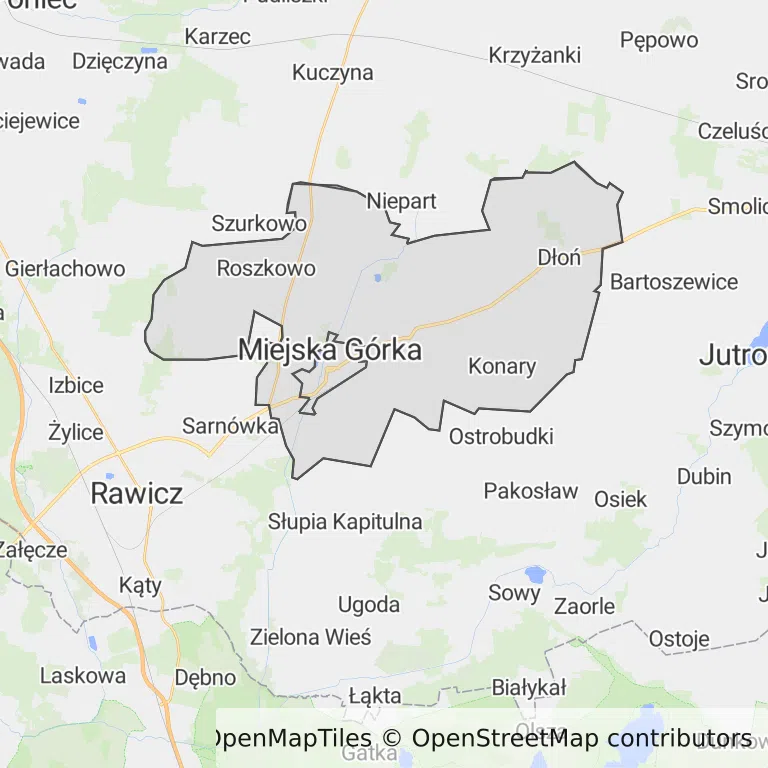 Mapa z zaznaczoną Miejskiej Górką