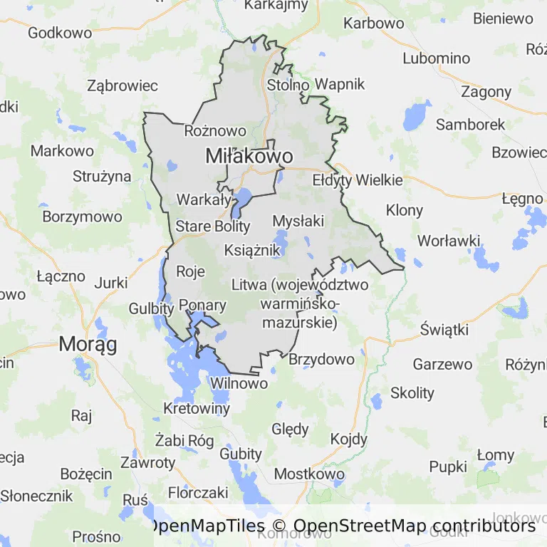 Mapa z zaznaczonym Miłakowem