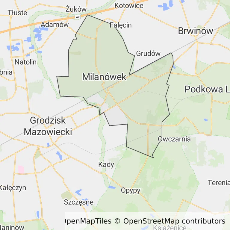 Mapa z zaznaczonym Milanówkiem