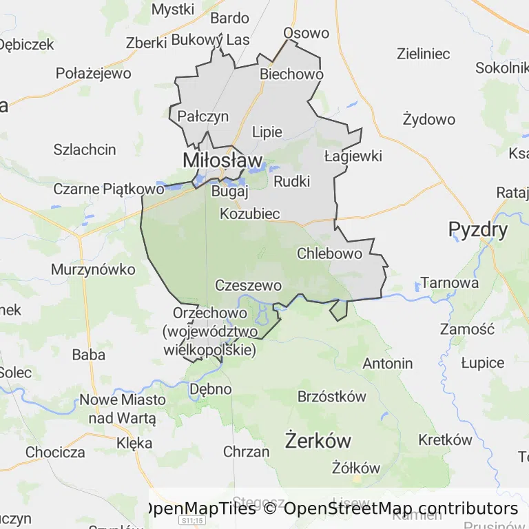 Mapa z zaznaczonym Miłosławiu