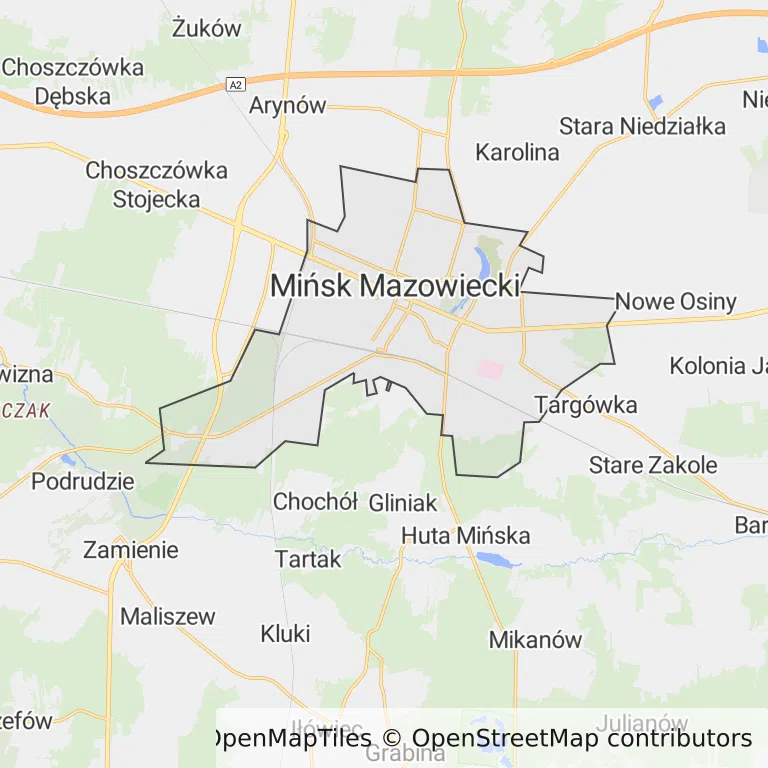 Mapa z zaznaczonym Mińsku Mazowieckim