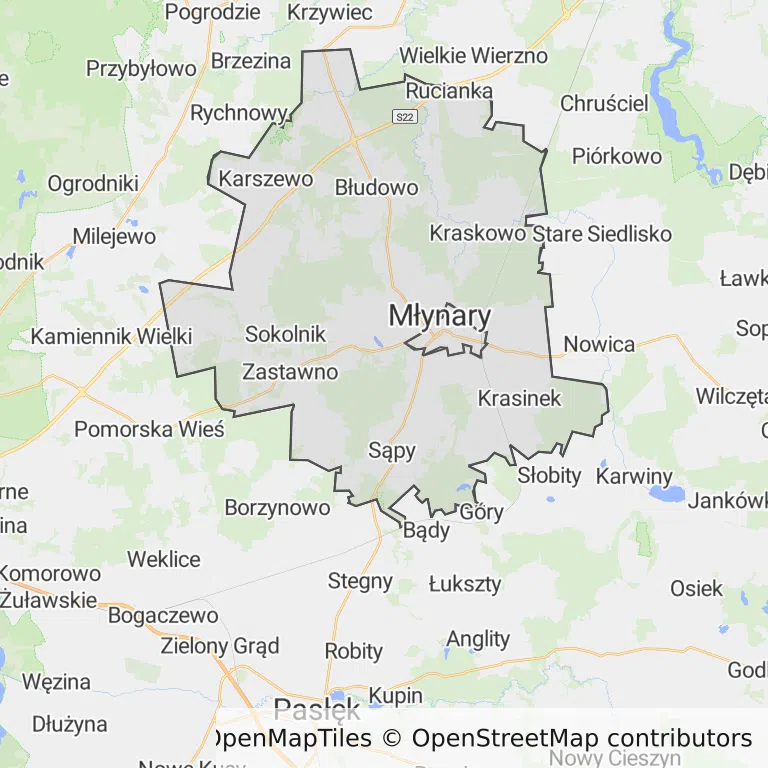 Mapa z zaznaczonym Młynarami