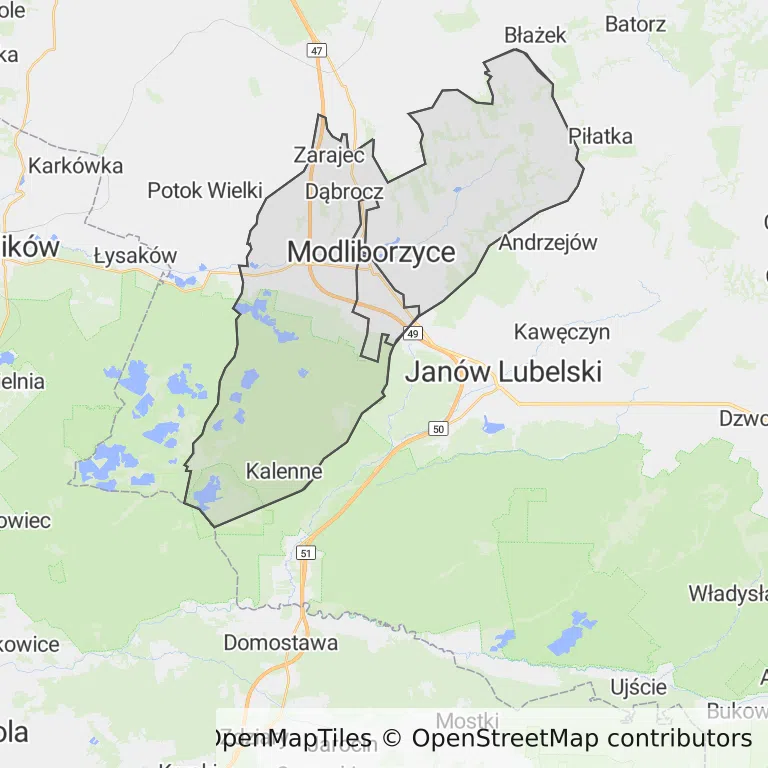 Mapa z zaznaczonymi Modliborzycami
