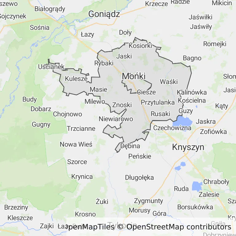 Mapa z zaznaczonym Mońkami