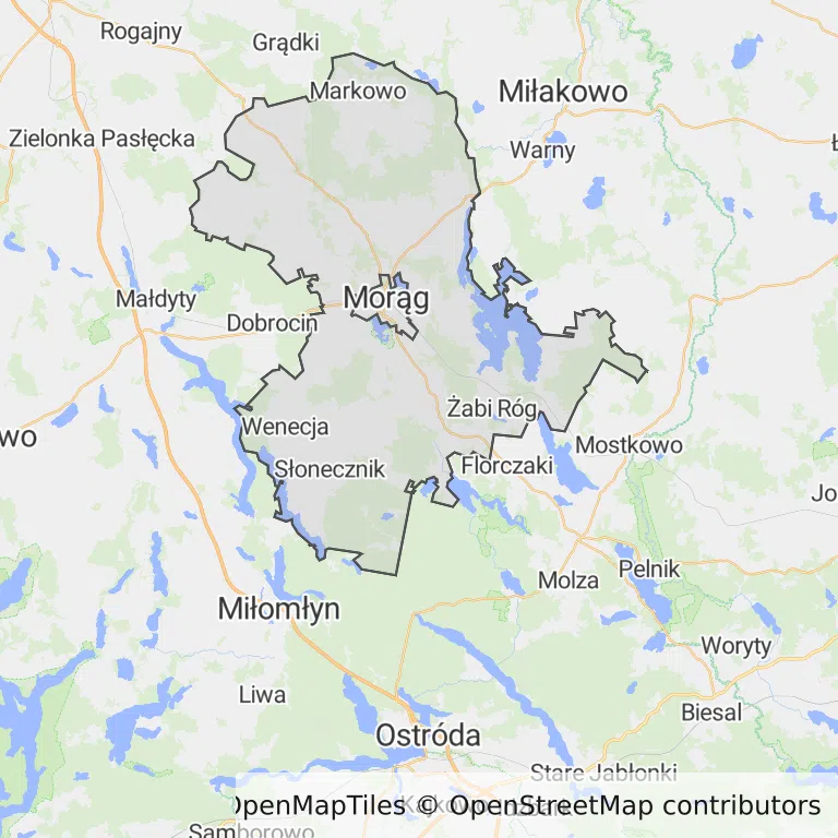 Mapa z zaznaczonym Morągiem