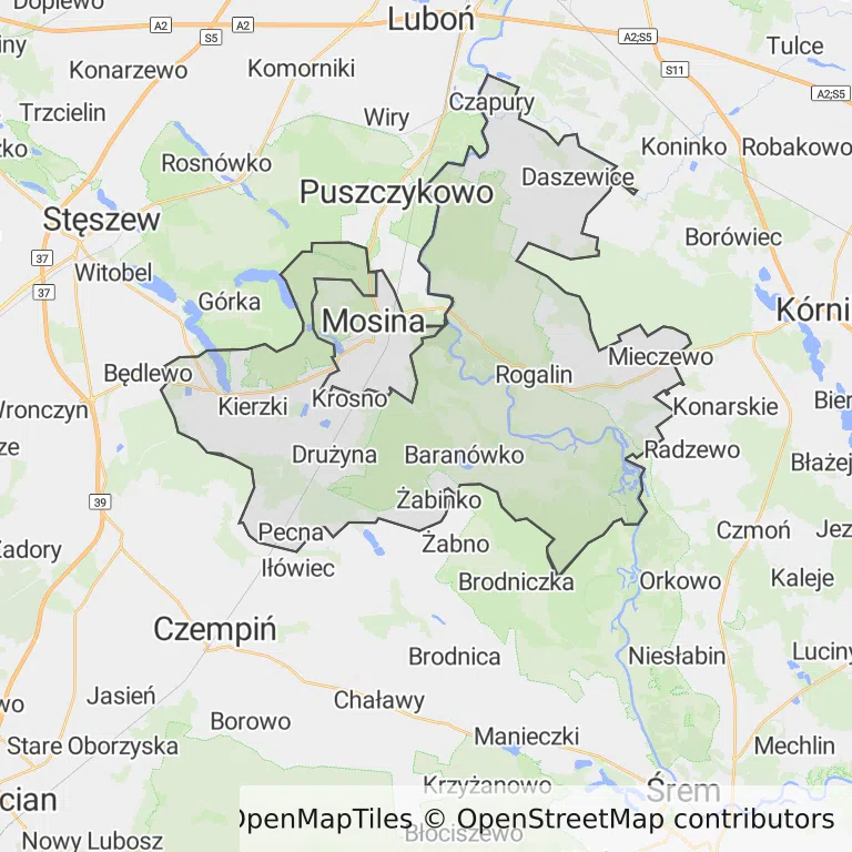 Mapa z zaznaczoną Mosinem