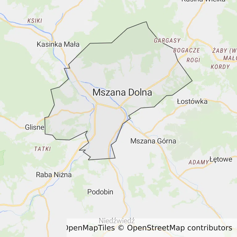 Mapa z zaznaczoną Mszanie Dolnej