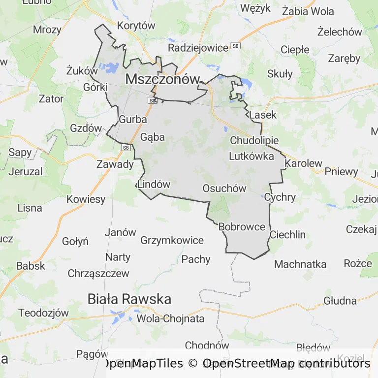 Mapa z zaznaczonym Mszczonowem