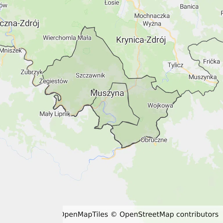 Mapa z zaznaczoną Muszynem