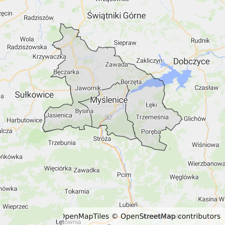 Mapa z zaznaczonymi Myślenicami