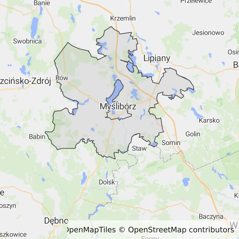 Mapa z zaznaczonym Myśliborzem