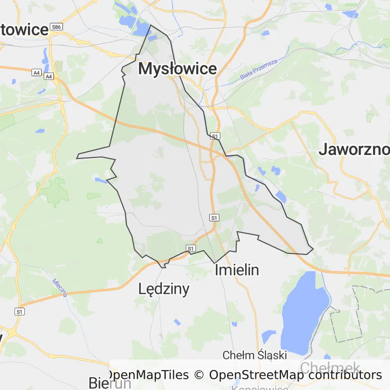 Mapa z zaznaczonymi Mysłowicami