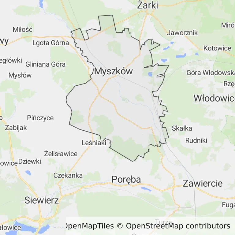 Mapa z zaznaczonym Myszkowem