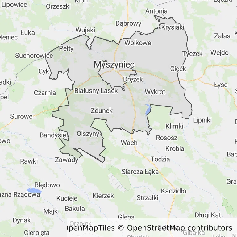 Mapa z zaznaczonym Myszyniecu