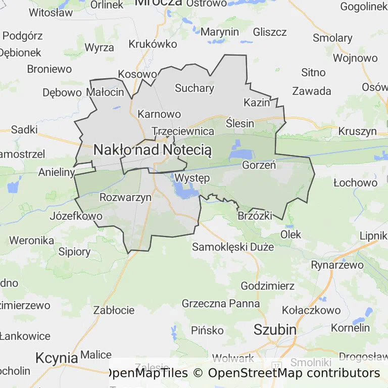 Mapa z zaznaczonym Nakle nad Notecią