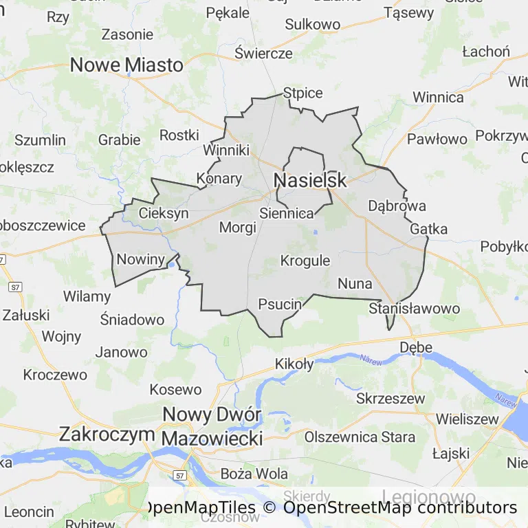 Mapa z zaznaczonym Nasielskiem