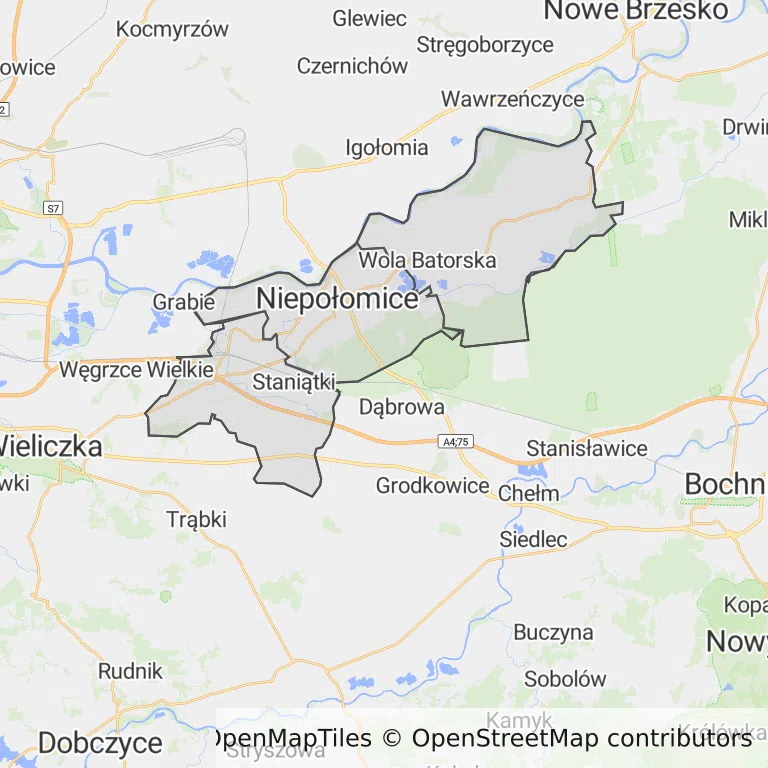 Mapa z zaznaczonymi Niepołomicami