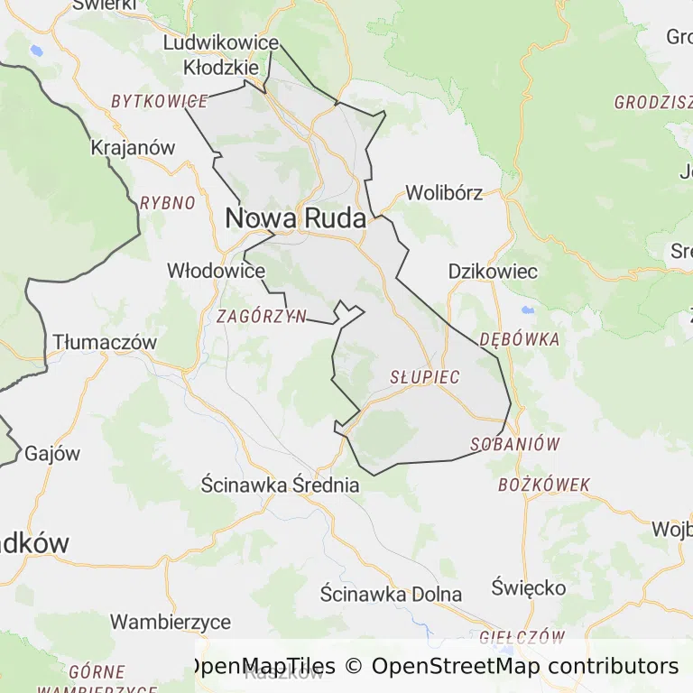 Mapa z zaznaczoną Nowej Rudzem