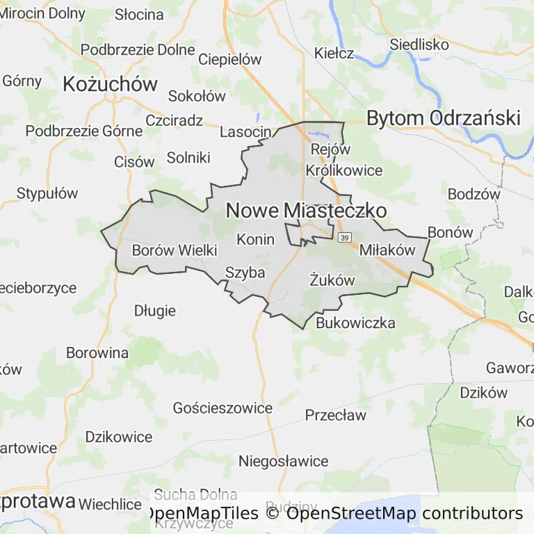 Mapa z zaznaczonym Nowym Miasteczkiem
