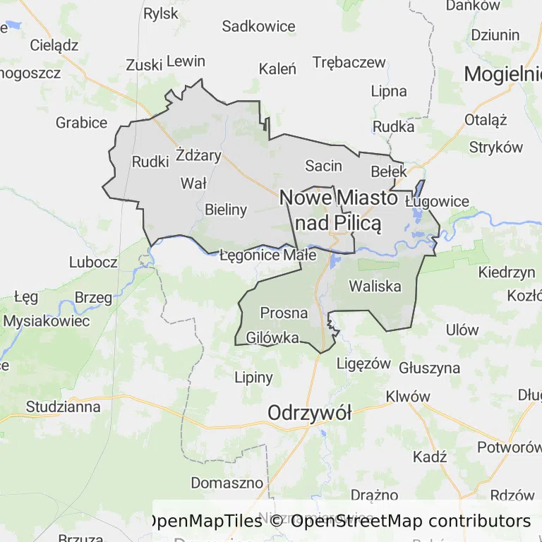 Mapa z zaznaczonym Nowym Mieście nad Pilicą