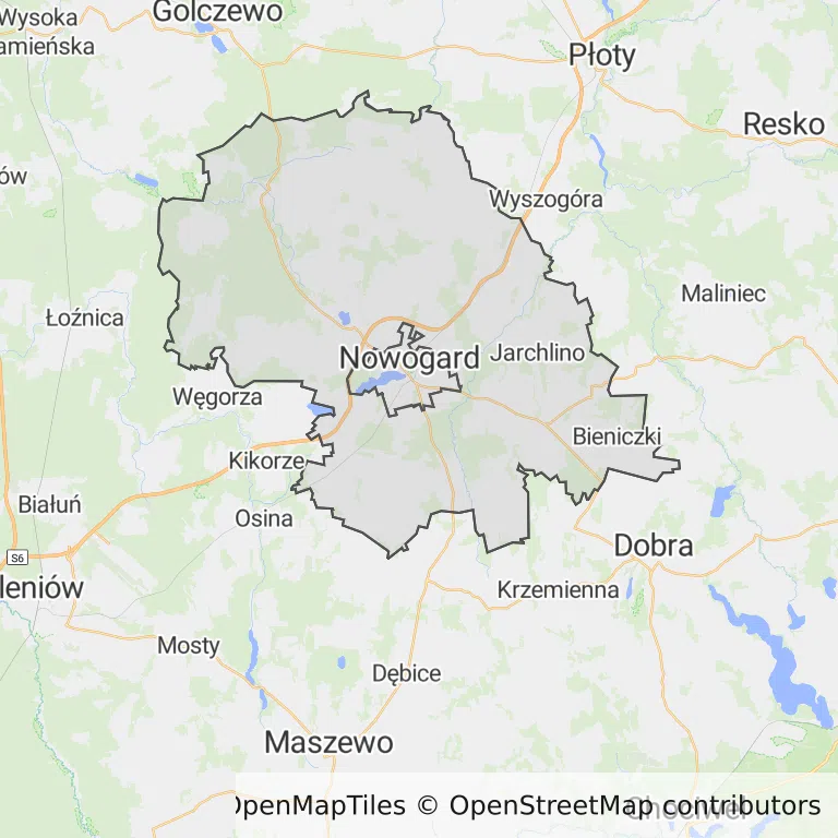 Mapa z zaznaczonym Nowogardzem