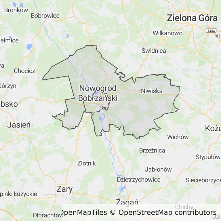 Mapa z zaznaczonym Nowogrodzie Bobrzańskim