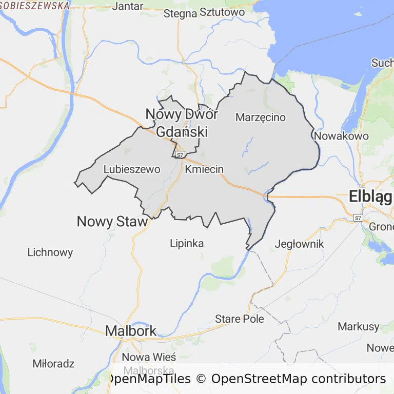 Mapa z zaznaczonym Nowym Dworze Gdańskim