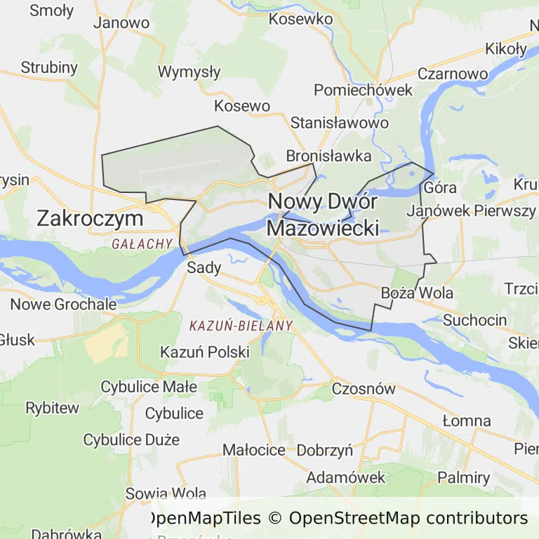 Mapa z zaznaczonym Nowym Dworze Mazowieckim