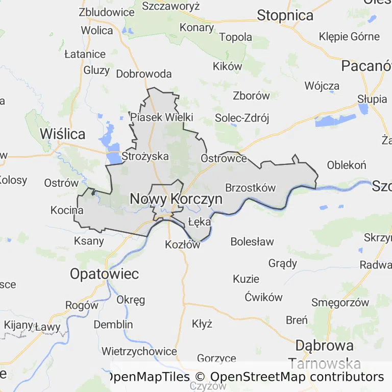 Mapa z zaznaczonym Nowym Korczynem