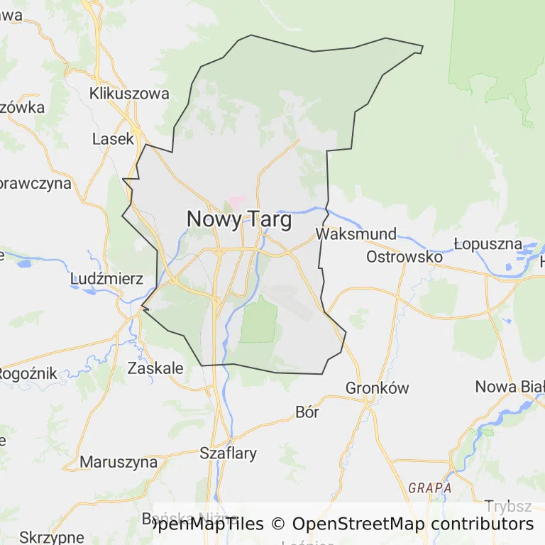 Mapa z zaznaczonym Nowym Targiem
