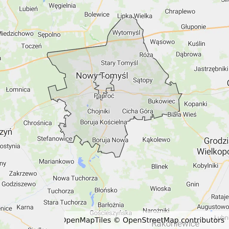 Mapa z zaznaczonym Nowym Tomyślu