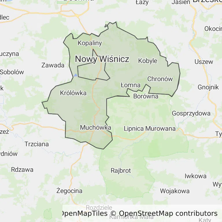 Mapa z zaznaczonym Nowym Wiśniczem