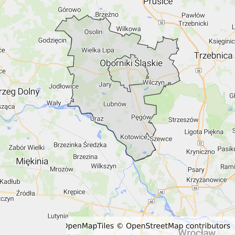 Mapa z zaznaczonym Obornikach Śląskich