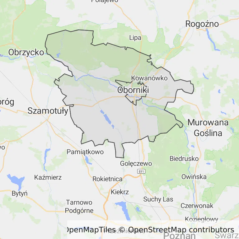 Mapa z zaznaczonym Obornikami