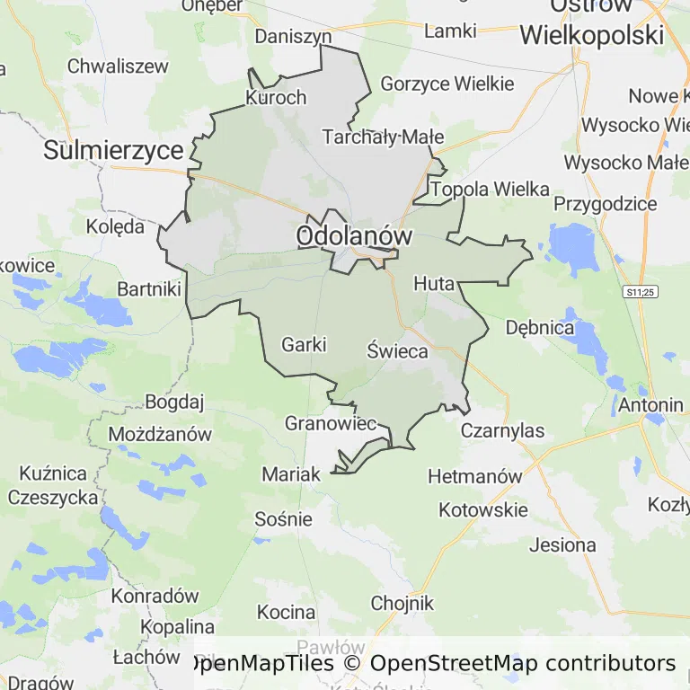 Mapa z zaznaczonym Odolanowem