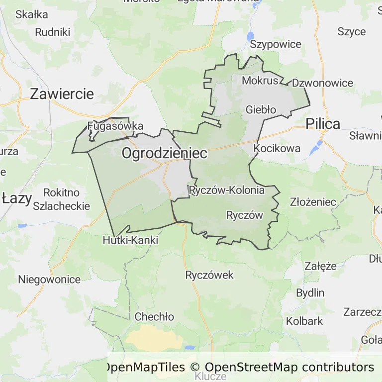 Mapa z zaznaczonym Ogrodzieńcu