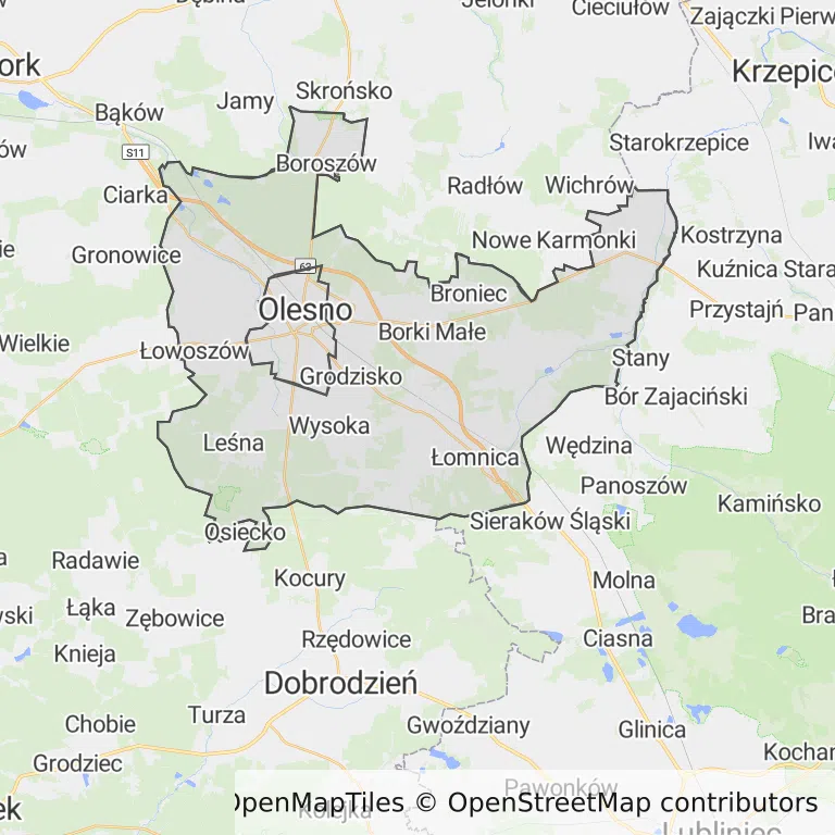 Mapa z zaznaczonym Oleśnem
