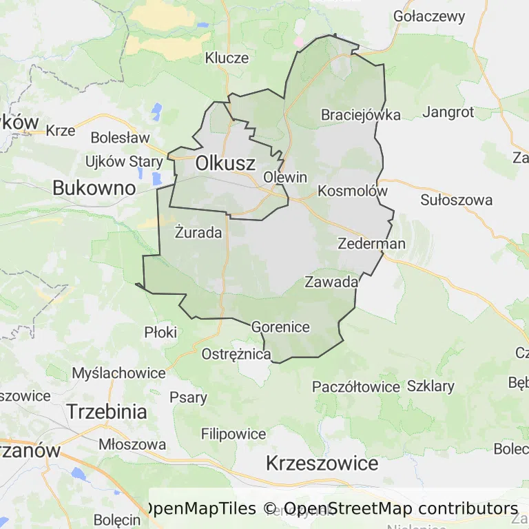 Mapa z zaznaczonym Olkuszem