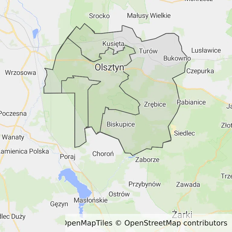 Mapa z zaznaczonym Olsztynem