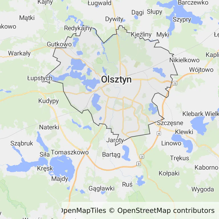 Mapa z zaznaczonym Olsztynem