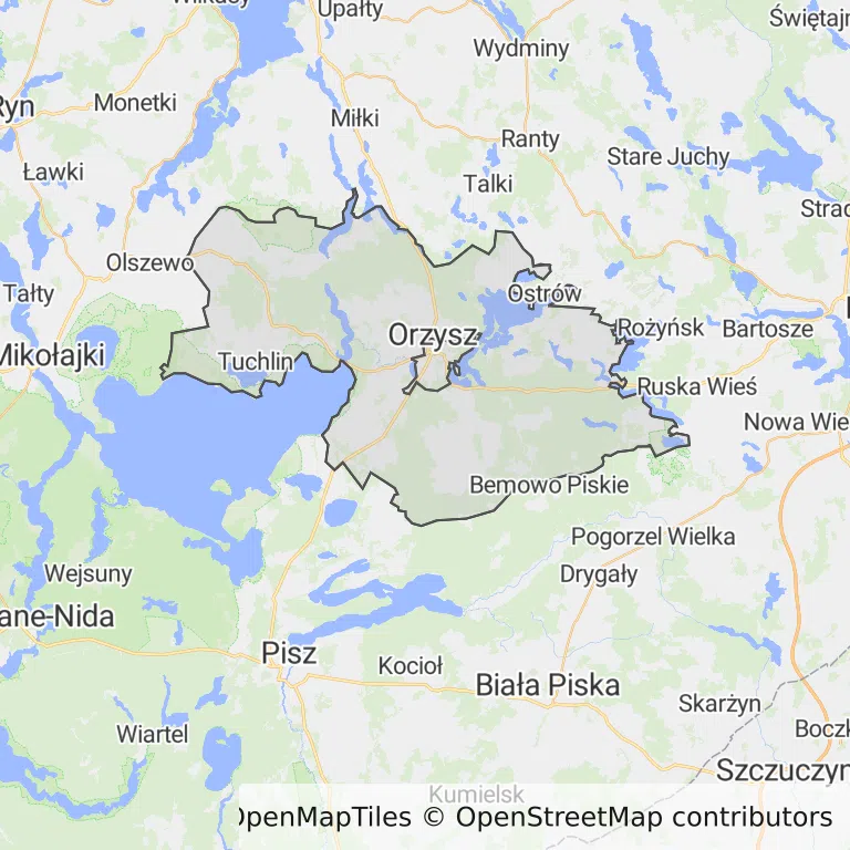 Mapa z zaznaczonym Orzyszem