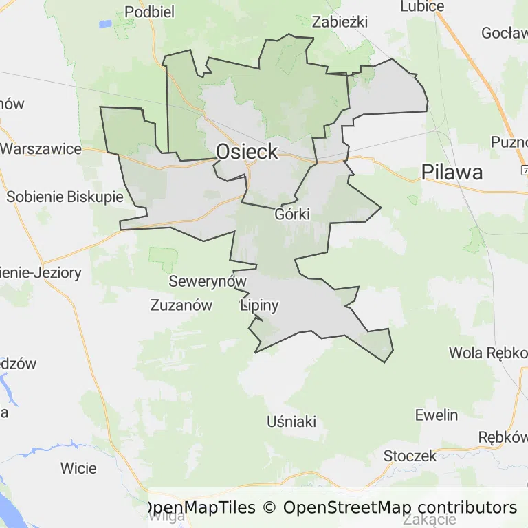 Mapa z zaznaczonym Osieckiem