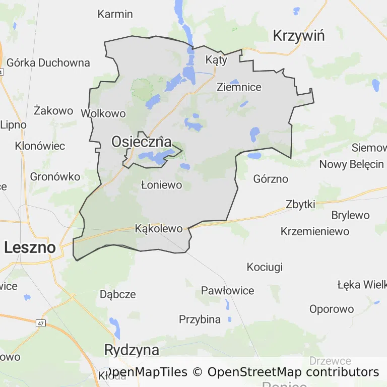 Mapa z zaznaczoną Osiecznej